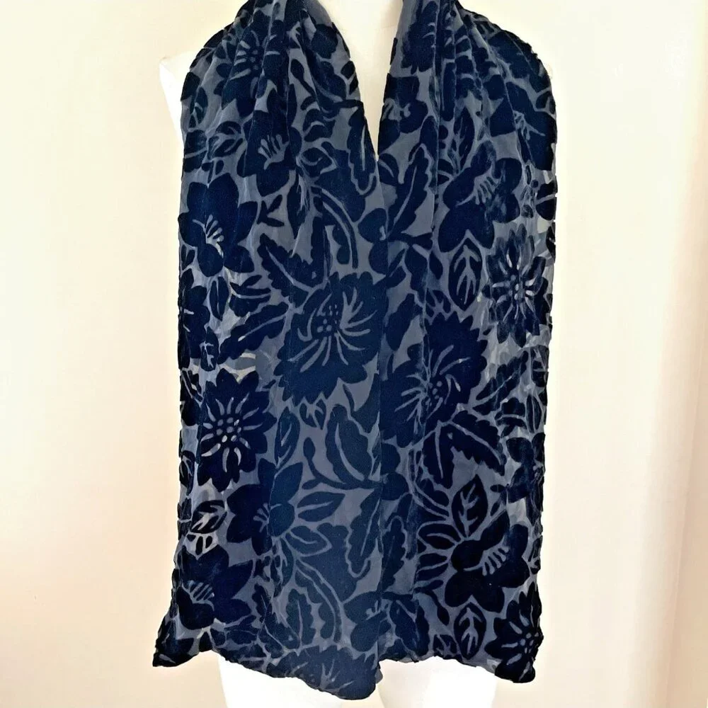 Cejon Burn Out Velvet Scarf Black Floral 100% Silk Rectangle 9